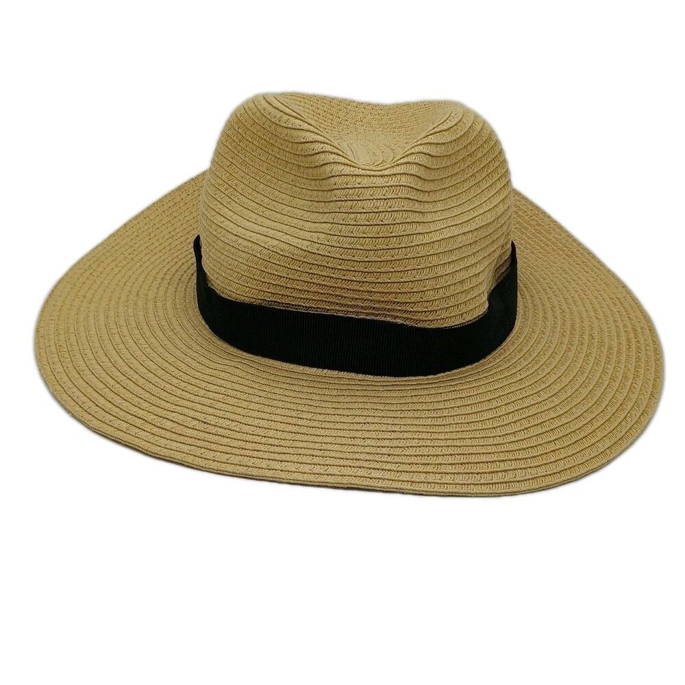 J.Crew Packable Hat Womens Size M/L Tan-Black Ribbon Band Wide Brim Fedora Beach